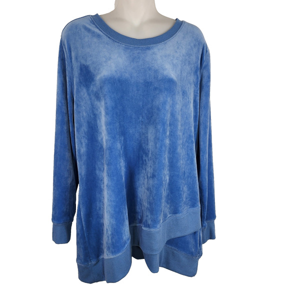 Denim & Co. Active Women Velour Pullover Sweatshirt Rib Trim Blue Medium A346271 - Picture 1 of 10